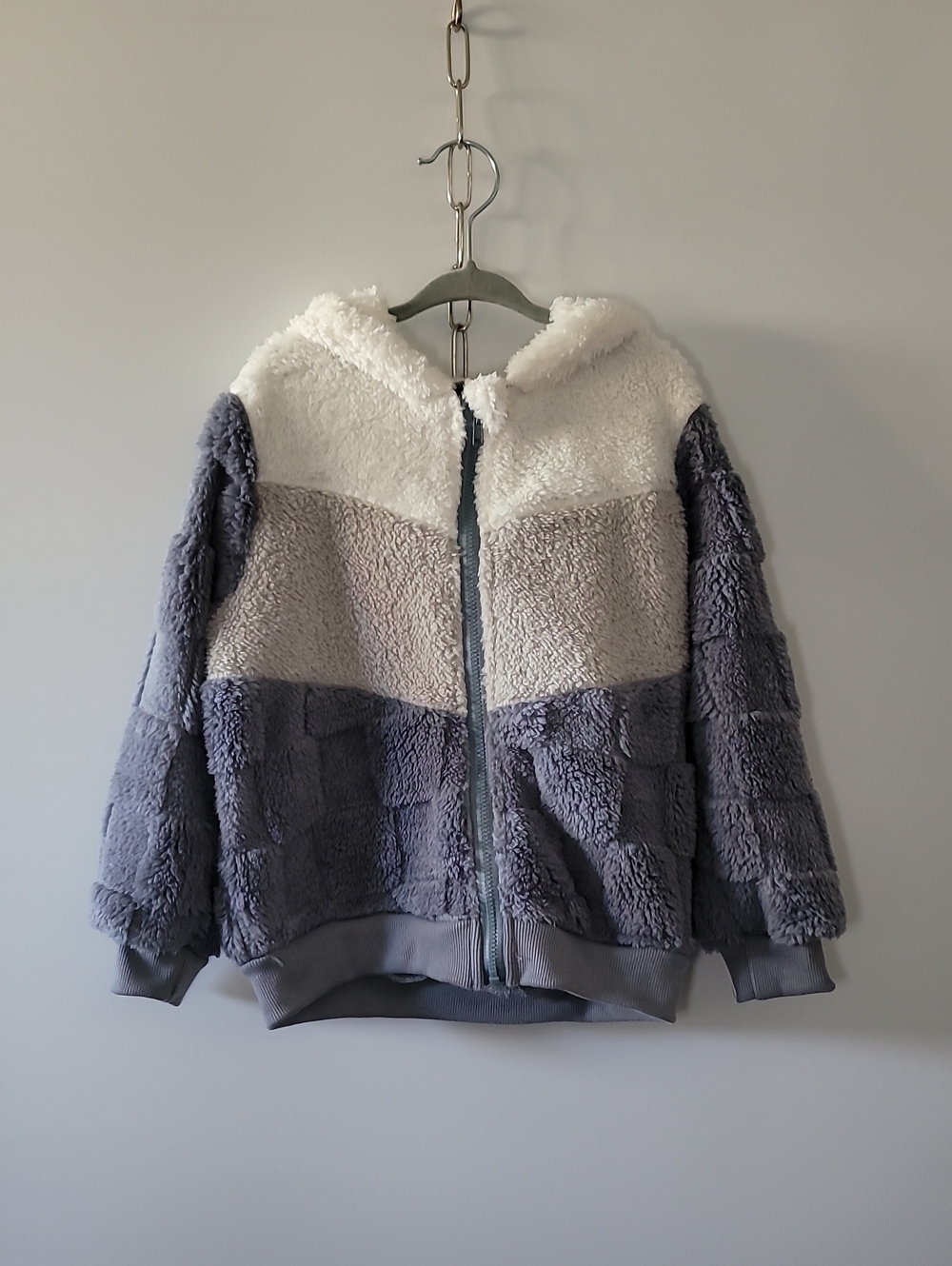 SHEIN Kids Colorblock Sherpa Zip Hoodie - White & Gray
